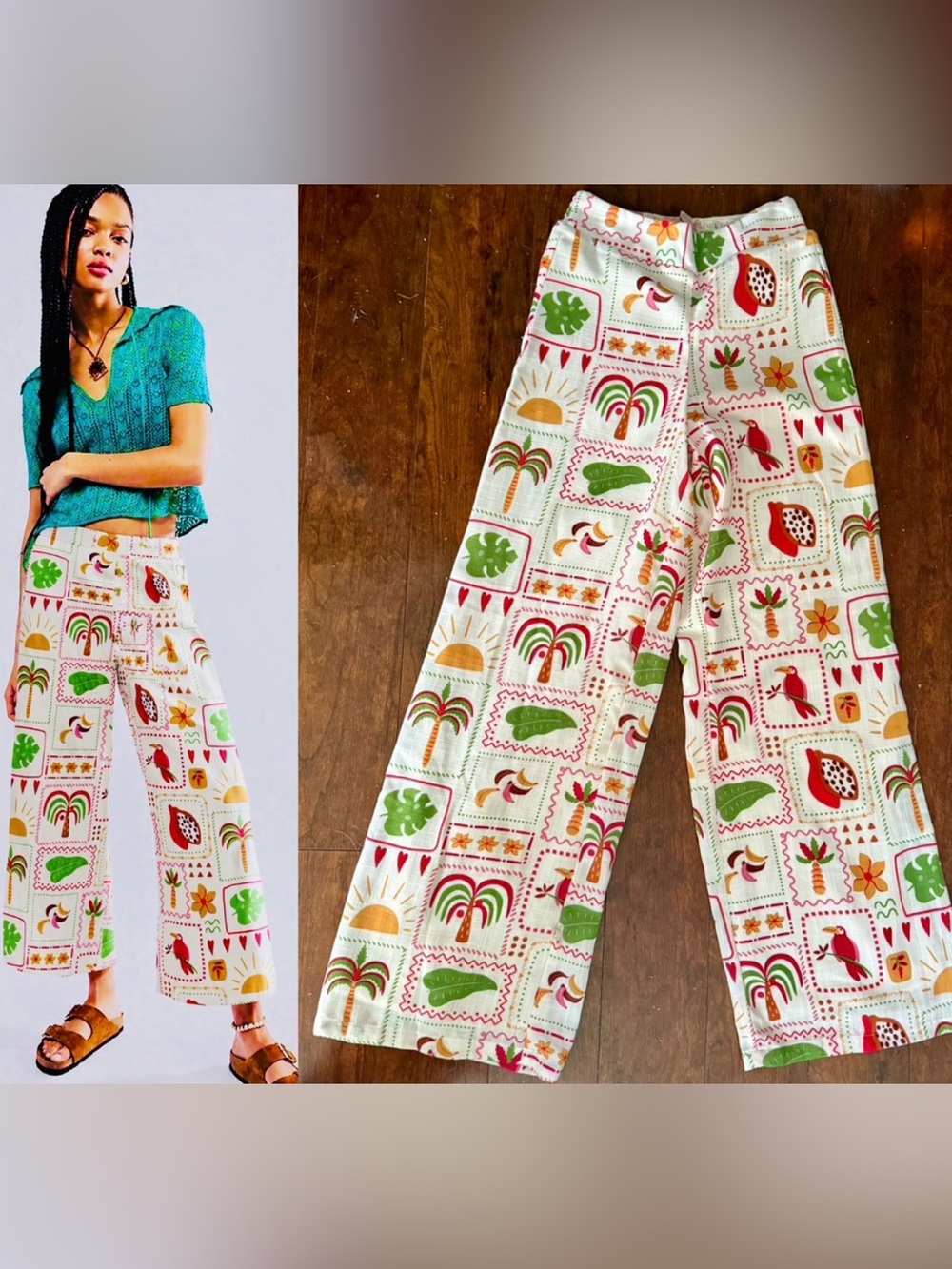 EVOLUTIONARY TROPICAL PRINT WIDE LEG CROPPED PANTS SIZE S